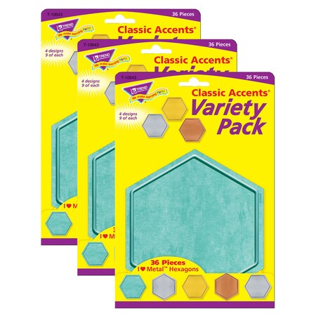 Trend Enterprises I Heart Metal Hexagons Classic Accents Variety Pack, 36 Pieces, PK3 T10643